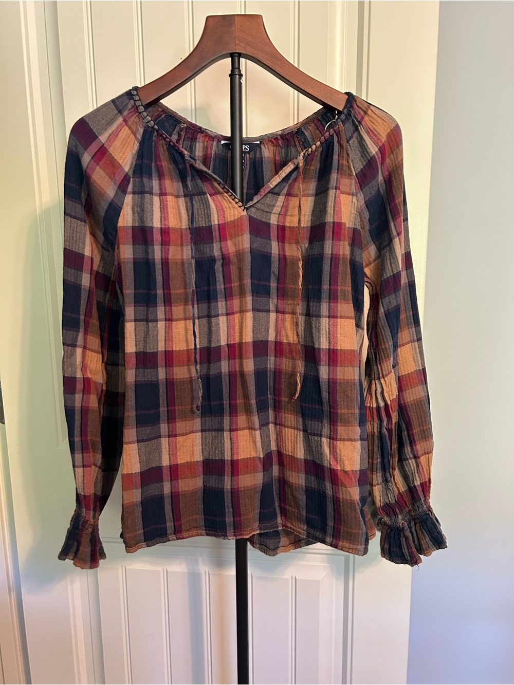 Chaps Plaid Peasant Blouse in Navy, Burgundy & Tan